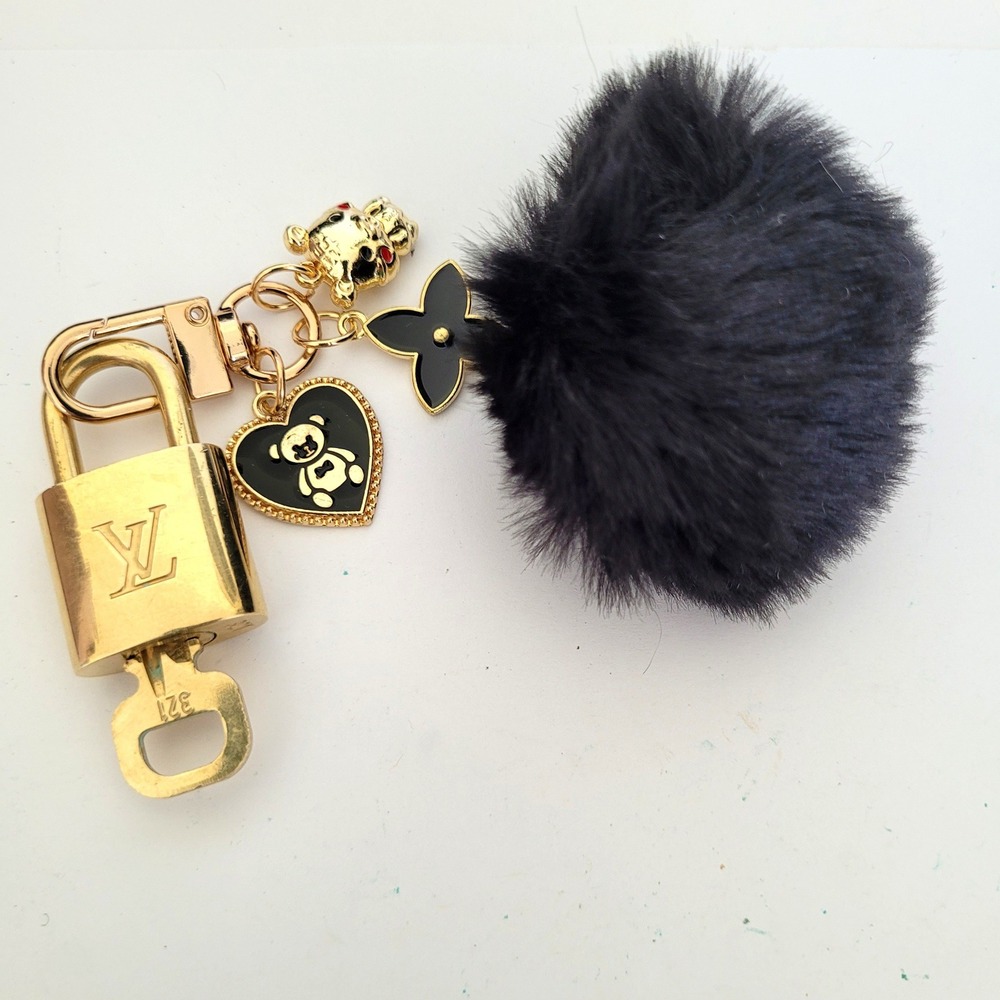 Louis Vuitton Padlock 321 Bag Charm Black Fur Pom Pom Heart Bear Gold Keychain